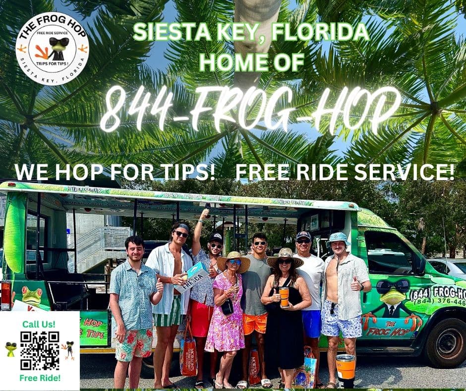 A group of guests boarding a green Frog Hop van on Siesta Key