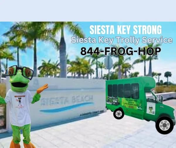 The Frog Hop mascot having fun at Siesta Key Beach
